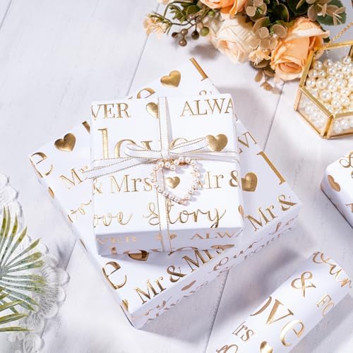 RUSPEPA Wrapping Paper Roll, Bridal Shower Gift Wrap, Mini Roll, 17 Inches x 16.5 Feet, White and Gold Foil LOVE Design for Wedding, Anniversary, Engagement (Pack of 3)