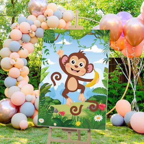 Hooqict Safari Animal Party Games for Kids Birthday Pin The Tail on The Monkey for Jungle Birthday Decorations Wild Zoo Party Supplies, Large Safari Pin The Games Poster with 36 Tail Stickers
