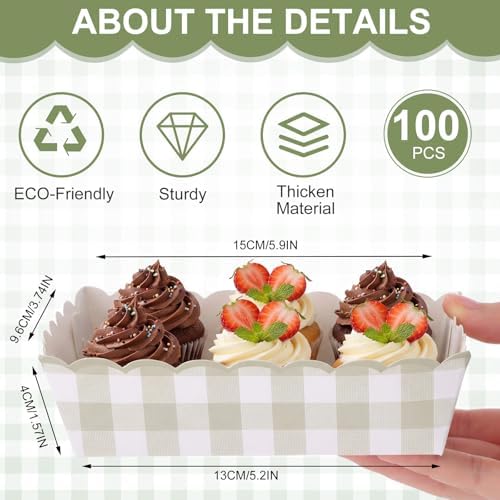 Funnymoom 100 Pcs Sage Green Gingham Paper Food Trays Green White Checkered Serving Trays Disposable Hot Dog Nacho Boat for Fresh off The Market Bridal Shower Decorations Birthday Party Supplies