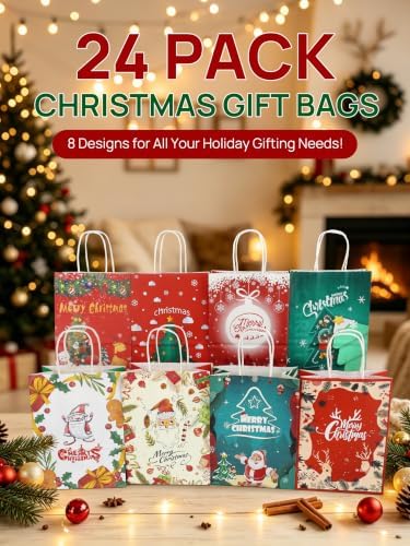 24Pack Christmas Gift Bags with Handles 8.7*6.3*3.2IN Xmas Gift Bags Bulk