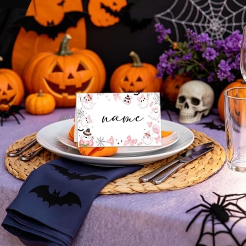Halloween Place Cards for Table Setting, Ghost Tent Cards Decor For Birthday Baby Shower Autumn Party Reception Decorations, Bridal Shower Place Card, 25 Pack Birthday Food Name Card 2 x 3.5" /033