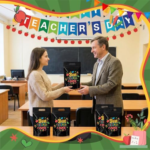 Engrowtic 100 Pcs Back to School Teacher Gift Bags Resealable First Day of School Teacher Treat Bag Bulk Thank You Goodie Pouches with Handles for Classroom Preschool Kindergarten Supplies