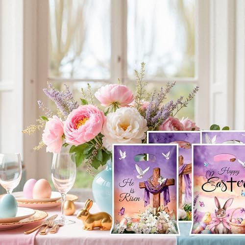EUVBOKW 100 Pcs Easter Plastic Treat Bags Bulk,He is Risen Christian Goodie Bags and Bunny Party Favor Bags with Handles for Easter Egg Hunt, Church and Gift Wrapping