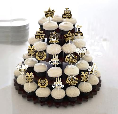 40 PCS Happy Birthday Cupcake Toppers Double Sided Balloon Star Cheers Party Time Happy Birthday Cupcake Picks for Celebrating Anniversary Theme Party Cake Decorations Supplies Black Gold