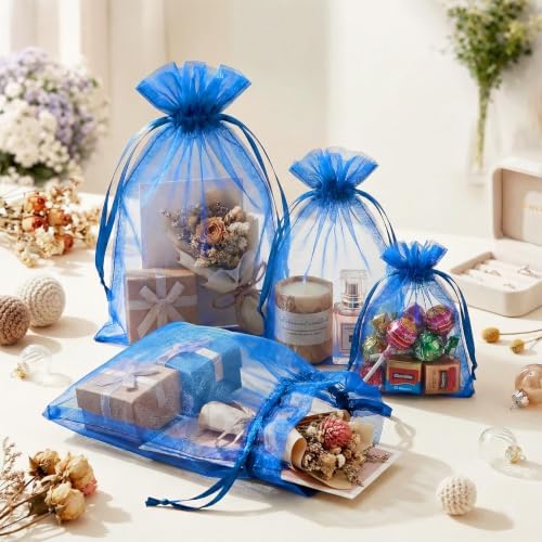 FUNFERY 100PCS Royal Blue Organza Gift Bags 6x9in,Drawstring Jewelry Pouch