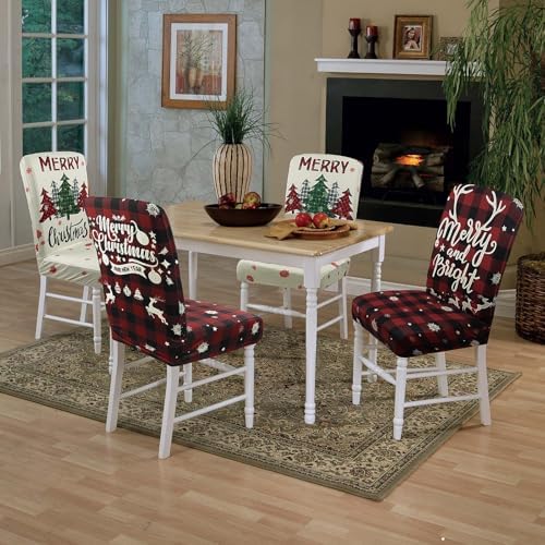 Christmas Chair Covers Set of 4 Xmas Tree Snowflakes Buffalo Plaid Stretch Parsons Chair Slipcovers for Winter Christmas Dining Room Decor Chair Seat Protectors(Christmas Red,4PCS)