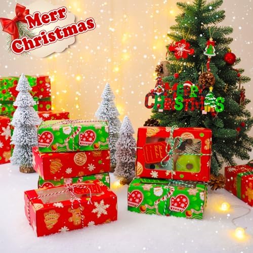 72 Set Christmas Cookie Boxes with Window 7"x4.7"x2.4" Christmas Cookie Tins Bakery Treat Box for Gift Giving Xmas Treat Container with Ribbon and Tag for Winter Xmas Party Supply (Cute)