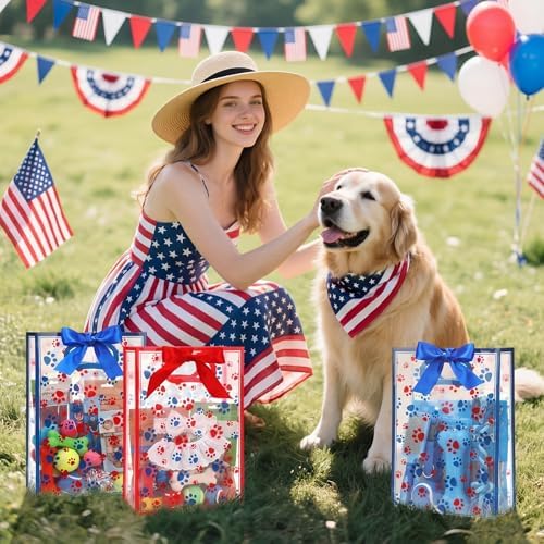 Capoda 24 Pack Patriotic Paw Patterns Gift Bags with Handles, Red & Blue Reusable Plastic Party Favor Bags, Large 4th of July Goody Bag for Kids, Pet Lovers, Independence Day BBQ, Parade for Fireworks