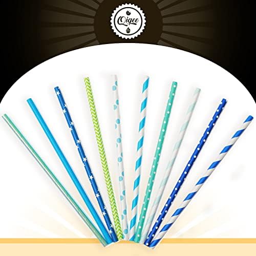 Blue Paper Straws 150pcs Disposable Bulk(10 Pattern) qiqee