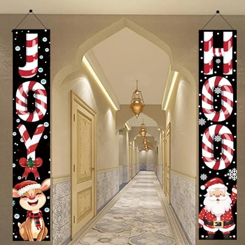 2PCS Christmas Porch Banner Decorations 71 x 12 Inch JOY HOHO Candy Cane Hanging Sign Santa Claus and Reindeer Outdoor Front Door Holiday Banner for Winter Yard Party Wall Decor