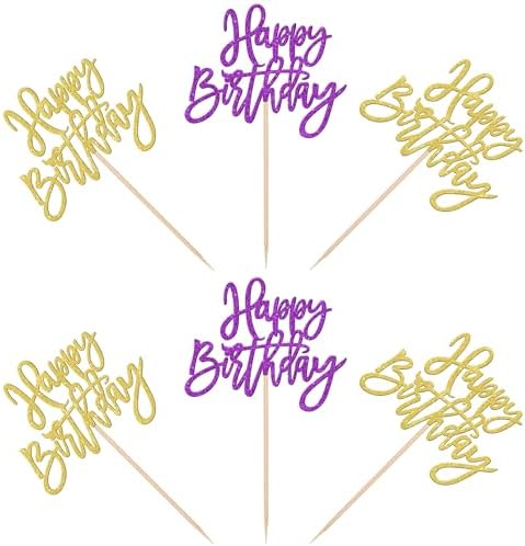 24 PCS Happy Birthday Cupcake Toppers Glitter Happy Birthday Cupcake Picks for Celebrating Anniversary Theme Party Cake Decorations Supplies Gold Purple