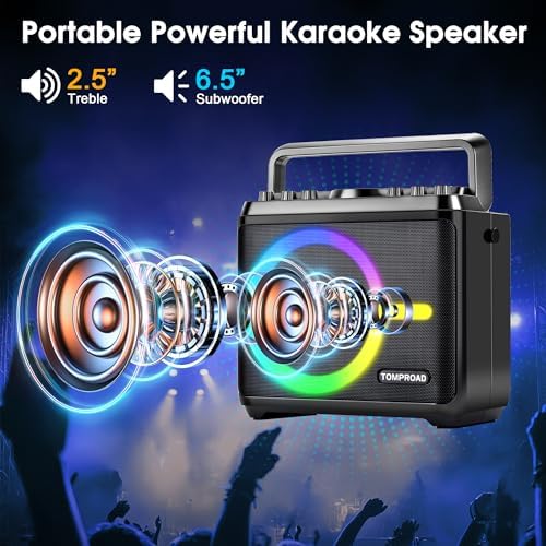Karaoke Machine, Bluetooth Speaker with 2 Wireless Microphones, Portable Voice Amplifier PA System for Adults Kids with LED Lights Support Bass/Treble Adjustment, TF Card/USB, REC for Home Party