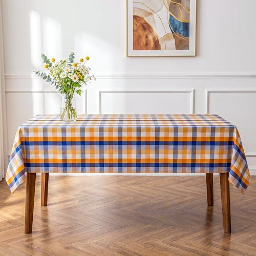 Fall Plaid Waterproof Tablecloth – Orange, Blue & White Check Pattern – Thanksgiving Harvest Table Cover, Stain-Resistant & Durable, W60 x L60 in