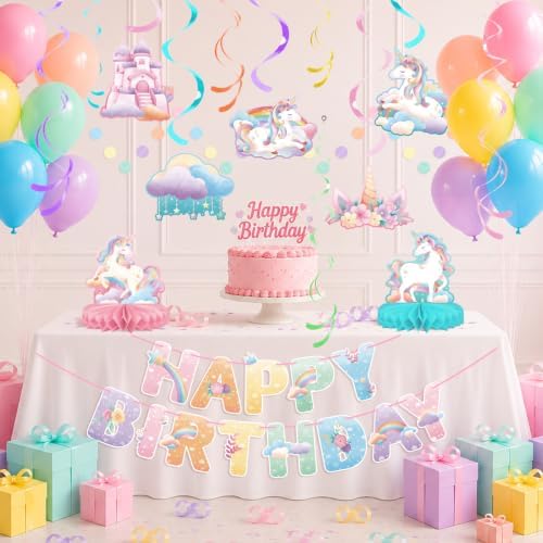 Unicorn Party Decorations Kit, Unicorn Birthday Decorations with Unicorn Birthday Banner, Circle Confetti Garland, Swirl Streamers, Balloons, Honeycomb Centerpiece, Rainbow Birthday Decorations