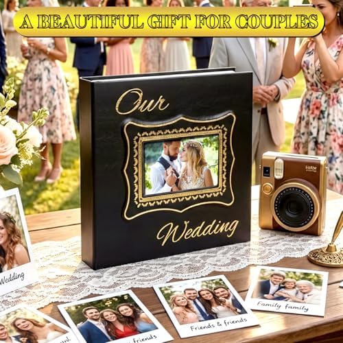 Dunzoom Memory Photo Album Holds 200 Pcs 4 x 6 Inch Leather Wedding Anniversary Family Photo Album with Front Window Double Heart Memory Scrapbook for Couple Gifts ()