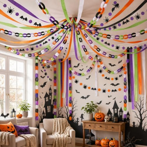 700 Sheets Halloween Paper Chain Strips and 52ft Spider Bat Garlands Set