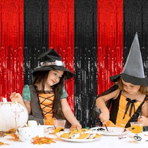 2 Pack Black and Red Party Backdrop Streamers Decorations Foil Fringe Curtains Metallic Tinsel Backdrop for Birthday Halloween Christmas New Year Fancy Ball Graduation Party Decor