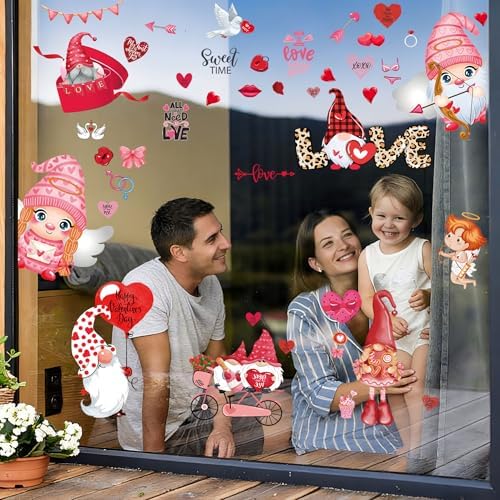 9 Sheets Valentines Day Window Clings Decor: Double-Sided Gnome Window Stickers, Cute Heart & Love Static Cling Decals, Reusable Valentine Decorations for Home School Office Party and Store