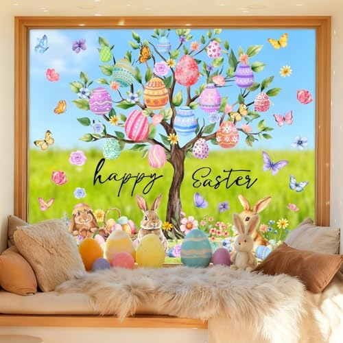 Whaline 6 Sheet Easter Window Clings Window Decal Large Bunny Rabbit Egg Tree Reusable Anti-Collision Windows Decor for Spring Holiday Home Classroom Office Party Supplies