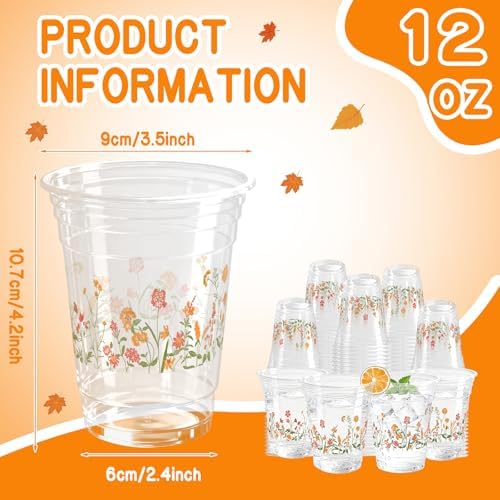 100 Pcs Fall Flower Plastic Cups 12oz Floral Wildflower Disposable Clear Cups for Autumn Birthday Fall Party Supplies