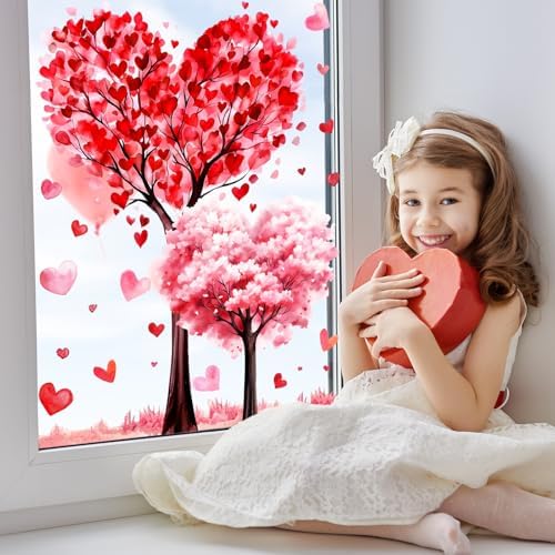 JarThenaAMCS Valentine's Day Window Clings Window Stickers Love Heart Tree Double-Sided Glass Decals for Wedding Anniversary Home Office Classroom Party Wall Decor, 9 Sheets