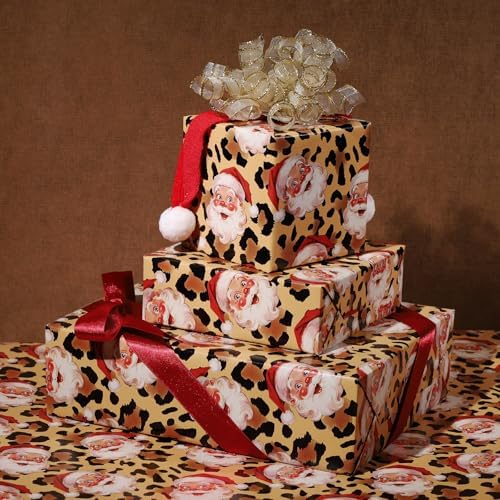 LaRibbons Christmas Santa Wrapping Paper, Vintage Santa on Cheetah Print