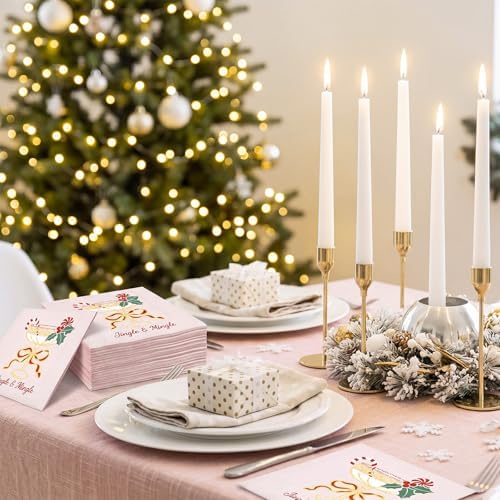 Chiisong 100 Pcs Cocktail Napkins Christmas Cheers Pink Gold Stamping