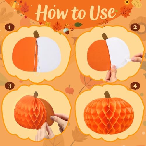 Gueevin 30 Pcs Fall Pumpkin Hanging Decorations Thanksgiving Pumpkin Honeycomb Balls Lanterns for Harvest Thanksgiving Party Supplies Indoor Outdoor Halloween Decor