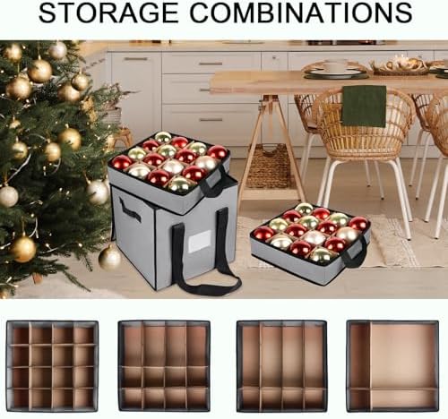 Christmas Ornament Storage Box with Dividers, Holds 64 Balls, Gray