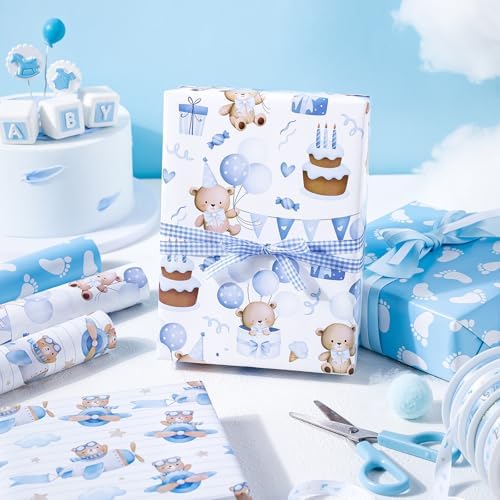 WRAPAHOLIC Bear Baby Shower Wrapping Paper - Mini Roll - 3 Rolls - 17 Inch x 120 Inch - Adventure Bear in Airplane and Party Design for Baby Shower, Boy Birthday