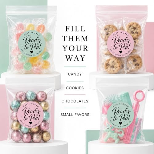 Ready to Pop Baby Shower Favor Bags, 120 Stickers and 120 Clear Treat Bags, 1.6 Inch Blush Pink and Sage Green Popcorn Labels for Boho Baby Shower Decorations