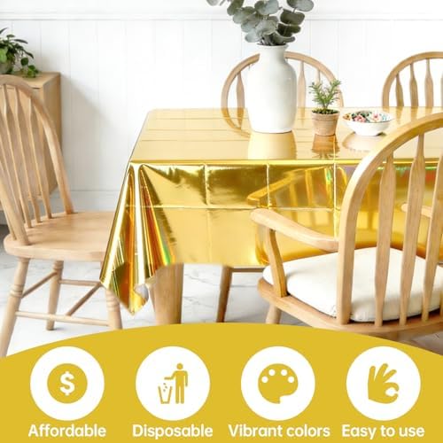4 Pack Iridescent Gold Plastic Tablecloths Laser Table Covers Shiny Holographic Foil Tablecloth Disposable Rectangle Table Covers for Birthday Wedding Christmas Holiday Party Decorations 54x108 Inch