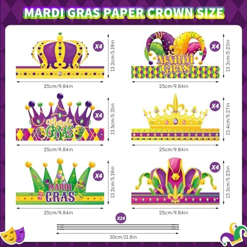 Qpout 24pcs Mardi Gras Crown Headband Carnival Party Paper Hat Headpiece Photo Booth Props Kits Mardi Gras Crowns for Carnival New Orleans Party Favors Supplies Decoration