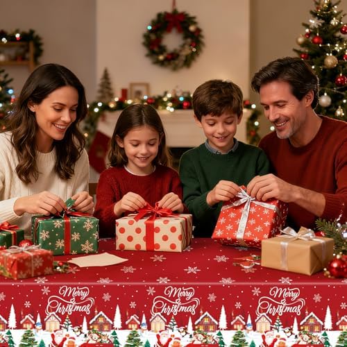 3-Piece 54 x 108 Inch Christmas Plastic Tablecloth – Red Disposable Table Covers with Merry Christmas Lettering, Snowy Houses, Santa, Snowmen, and Xmas Trees for Holiday Winter Parties