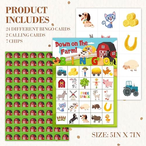 Farm Bingo Game, Farm Animals Bingo Cards Set, Birthday Party Bingo Supplies for Adults, Family Friends Activities Favors Decorations for 24 Player, 01