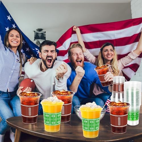 Heartome 100 PCS Football Plastic Cups, 16 OZ Plastic Cups, Brown Green Accessories Bulk, Disposable Cold Hot Drink Container for Football Party Supplies Touchdown Birthday Party Decorations, Decor
