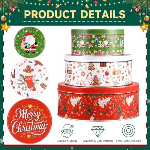Olgaa Christmas Cookie Tins with Lids Set of 3 Gingerbread Man Cookie Storage Containers Airtight Round Jars for Gift Giving Holiday Treats Baking Cake Container