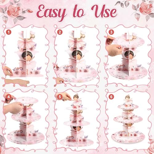 3 Tier Ballerina Party Decoration Ballerina Cupcake Stand Decoration Dancing Girl Floral Cupcake Tower Pink Dance Theme Cake Holder Table Display for Ballet Tutu Dancer Pink Party Supplies