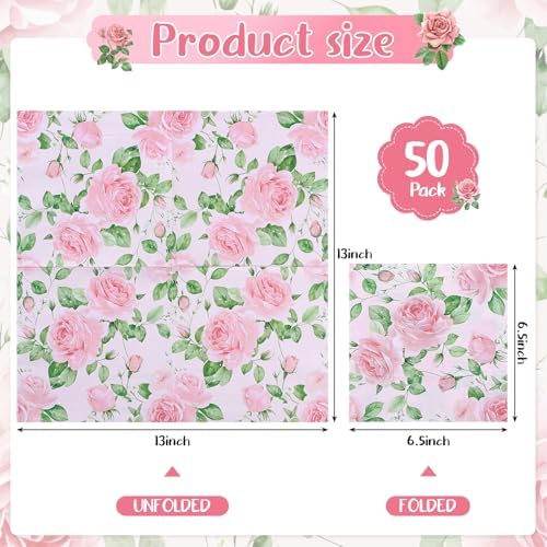 Natnarr Pink Floral Paper Napkins, 50 Pack, 6.5 x 6.5 Inch
