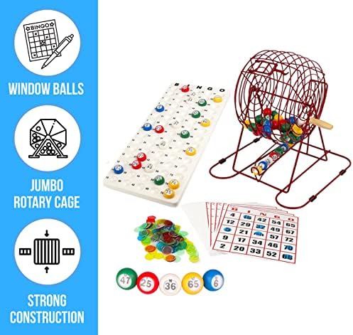 Regal Bingo Red Professional Bingo Game Set with 11" Wheel Cage, 75 Bingo Balls, Master Board, 18 Bingo Cards & 25 Jumbo Reusable Cards, and Colorful Chips - Bingo Games for Adults Large Group