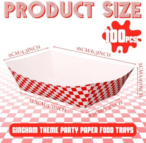 100 Pcs Gingham Party Supply Disposable Paper Food Trays Bulk, Red White