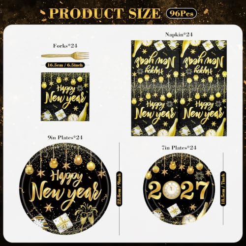 96 Pieces Happy New Year Tableware Set – Black and Gold 2027 Disposable Plates, Napkins, and Forks with Fireworks and Champagne Designs for New Year’s Eve Dinners and Celebrations – Serves 24