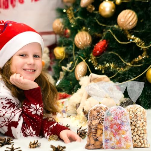 Snowflake Christmas Treat Bags, 200PCS Winter Cellophane Bags, Plastic Xmas Clear Frozen Cookie Candy Snack Goodie Gift Bag with Twist Ties for Christmas Winter Holiday Party Favors Supplies