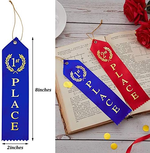 90 Pieces Award Ribbons 1st, 2nd, 3rd Place Flat Carded Set First Place Prizes with Event Card and Rope for Competition, Sports Event, School, Contests, Blue Red White