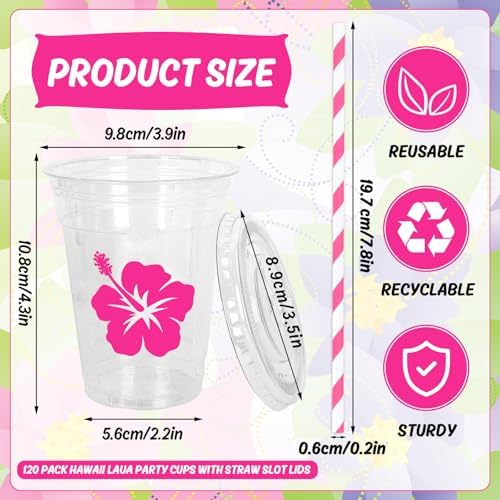 Whaline 60Pcs 12 Oz Hibiscus Floral Disposable Plastic Cups with Lids and Straws Colorful Summer Hawaiian Flower Cold Beverage Drinking Cups for Beach Tropical Luau Party Supplies