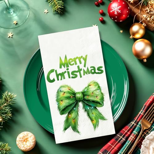 JarThenaAMCS 100 Pcs Christmas Guest Napkins Green Bow Disposable Paper Napkin Dinner Hand Napkins for Xmas Kitchen Home Bathroom Party Supplies Table Decor