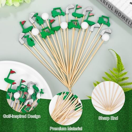 Aodaer 200 Pieces Golf Cocktail Picks for Appetizers 4.7 Inch Golf Themed Decorative End Fruit Toothpicks Skewers Bamboo Cocktail Picks for Sports Catered Events Buffet Party Supplies, Green