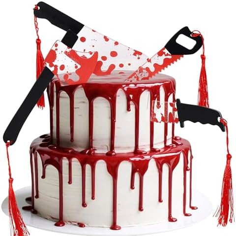 4 PCS Halloween Blood Knife Cake Toppers Acrylic Horror Halloween Cake Decorations Have a Killer Birthday Decorations for Blood Knife Theme Scary Killer Birthday Party Cake Decorations Supplies