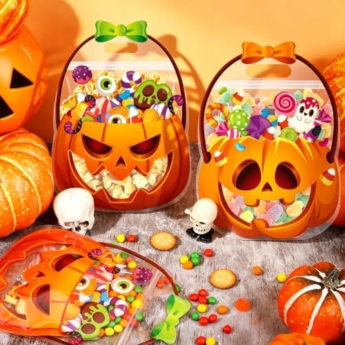 FOIMAS Halloween Treat Bags, 50pcs Pumpkin Cauldron Plastic Candy Bag Zipper Seal Bag Resealable Jack-O-Latern Goodie Bags with Handle for Trick or Treat Halloween Party Supply Decor Home Classroom