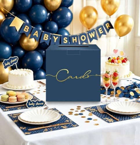 HEIPINIUYE Navy Blue Wedding Card Box with Gold Foil 9.8" x 9.8" Navy Large Gift Card Box for Party Wedding Reception Graduation Birthday Baby Shower Cardboard Raffle Envelope Box with Slot
